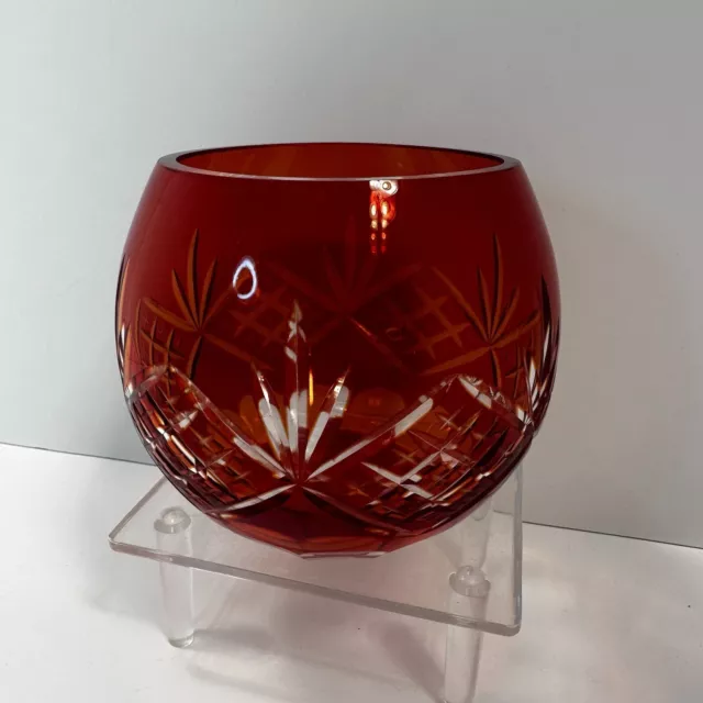 Vintage Bohemian Czech Ruby Red Cut To Clear Glass Rose Bowl Vase