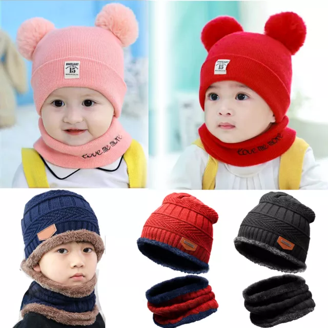 Baby Boy Girl Warm Knit Beanie Hat Toddler Kids Winter Ski Snow Cap Scarf Set