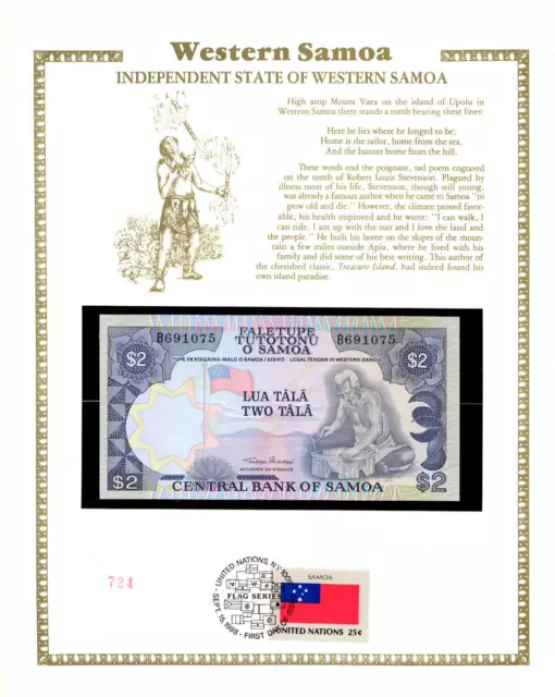 Western Samoa 2 Tala 1985 P 25 UNC w/FDI UN FLAG STAMP 2 consecutive 3