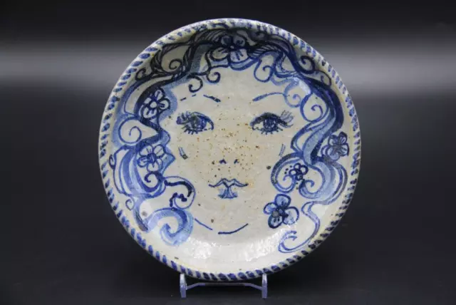 Hand Made Salt Glazed Stoneware Plate with Hand Painted Face of Lady by Wendy