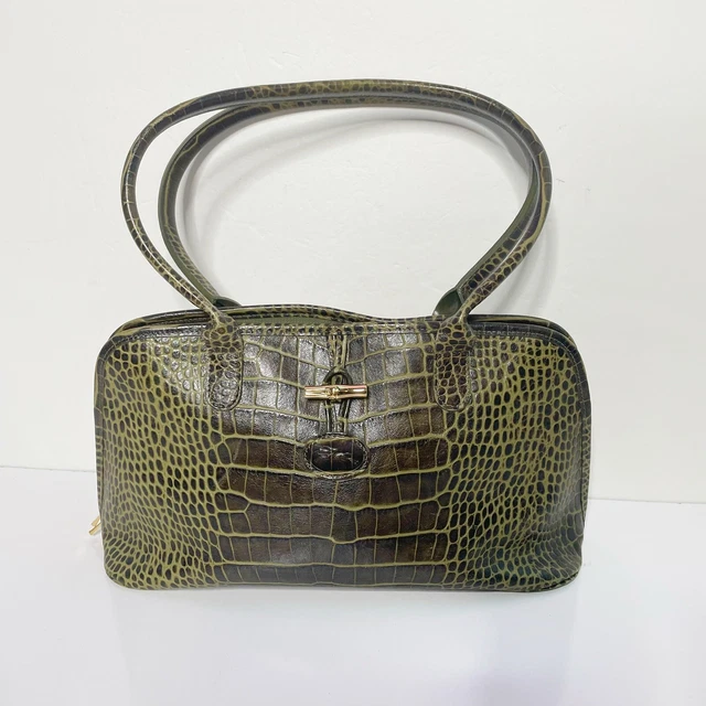 LONGCHAMP Roseau Green Croc Embossed Shoulder Bag With Dust Cover 2