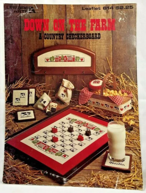 1988 tablero de ajedrez Leisure Arts Down On The Farm 614 patrón de punto de cruz 8842