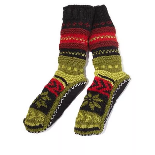 Tibetan Socks Hand Knit Wool Fleece Lined Long Slipper Socks RED GREEN  S