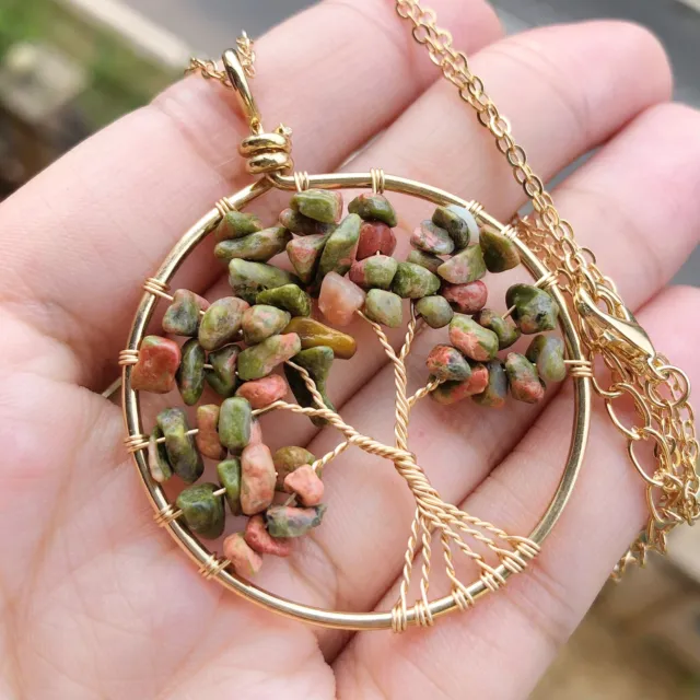 Unakite Gem Tree Of Life Water-Drop Necklace Chakra Reiki Healing Amulet