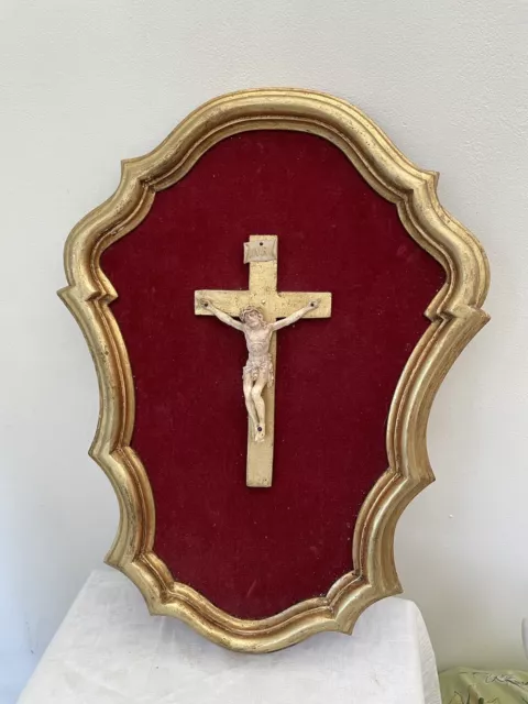 Antique Crucifix French Cross Gold Framed Wood 18” red Velvet Wall Jesus