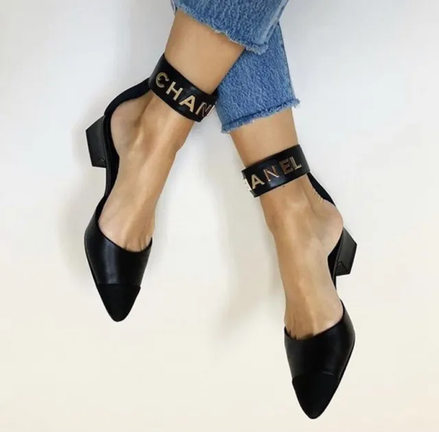 NIB AUTHENTIC CHANEL Black Ankle Strap With Gold Logo Shoes