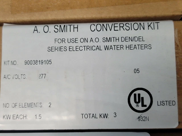 A.O. Smith 9003819105, CONVERSION, For DEN/DEL, 2 ELEMENT X 1500W (3000W) 277V