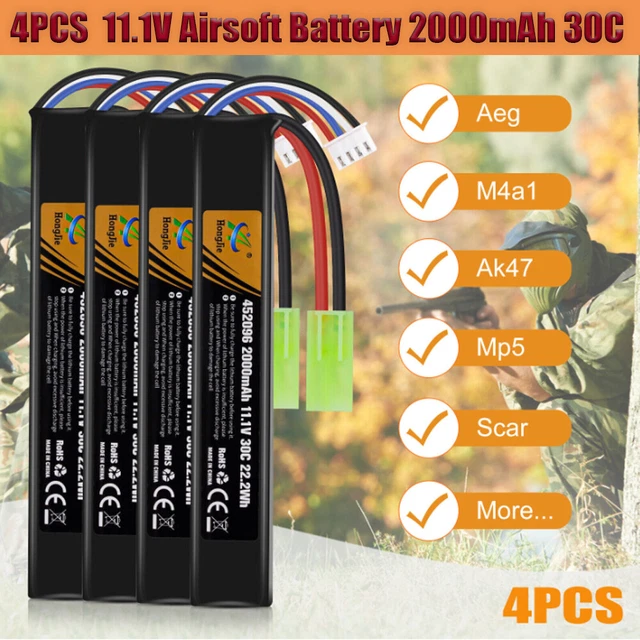 4x 2000mAh 11.1V 3-Cell 30C LiPo RC Model Toy Battery + Mini Tamiya for Airsoft