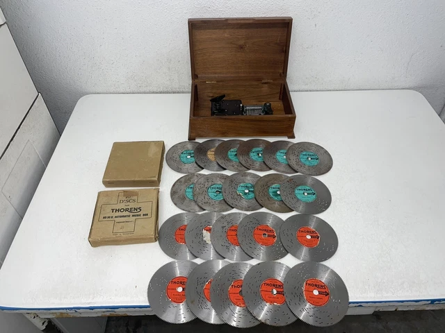 Antique Thorens Wood Music Box With 20 Discs: Switzerland Very Good+ Antique Thorens Wood Music Box With 20 Discs: Switzerland Very Good+