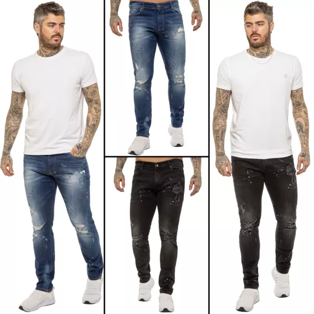 Enzo Mens Jeans Skinny Splash Ripped Designer Stretch Denim Slim Casual Pants