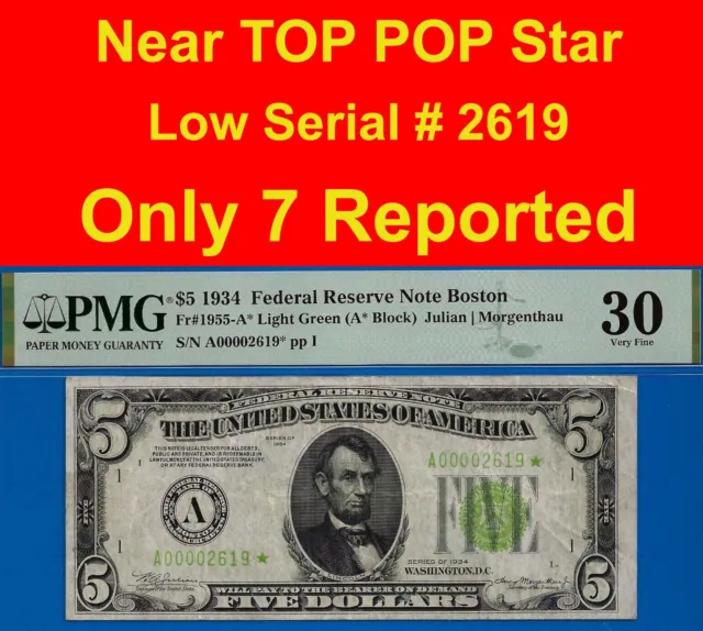 Near TOP POP✅ 1934 $5 FRN➡️ 2nd Finest 🔴 Light Green Seal STAR ⬅️ PMG 30 #2619