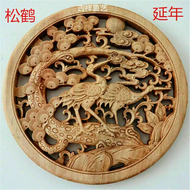 Chinese Hand Carved 松鹤延年 Statue Camphor Wood Round Plate Wall Sculpture 3