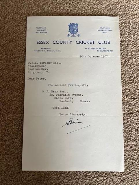 Essex CCC - Excellent Signed 1967 Original Letter - Lovely Letterhead