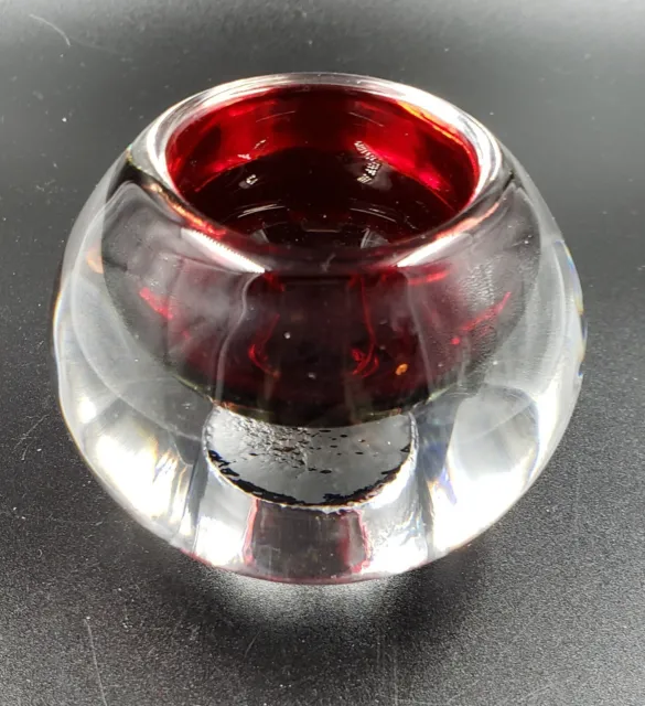 German MCM Art Glass Red 2 Sided  Votive/Taper Candle Holder Paperweight Round
