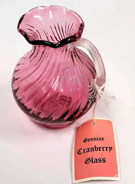 Fenton Cranberry Glass Swirl Vintage 4.5"H Pitcher Ruffle Clear Applied Handle
