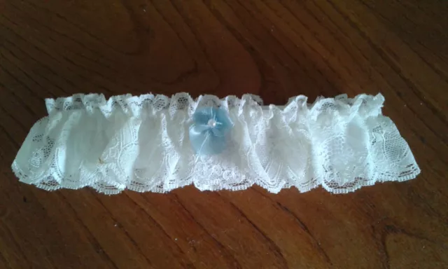 Quality Ivory Nottingham lace Bridal Garter, something blue satin & pearl bow