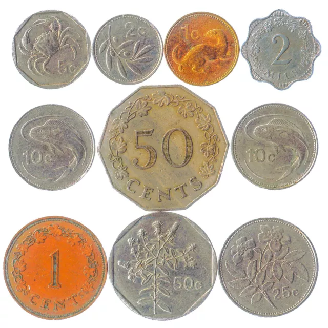 10 Different Maltese Coins. Money From Malta. Old Currency: Cents Mils, Or Lira