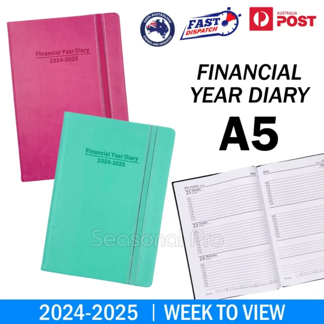 2024 2025 Financial Year Diary Week To View A5 Hard Cover Elastic Planner Office