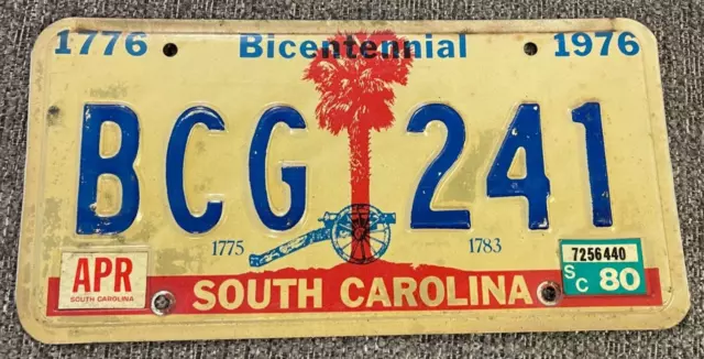 RARE License Plate Tag South Carolina SC BICENTENNIAL 1776 1976 APR 1980 BCG 241