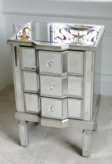 SOL 2 x Mirrored 3 Drawer Venetian Distressed Silver Bedroom Living  Bedside