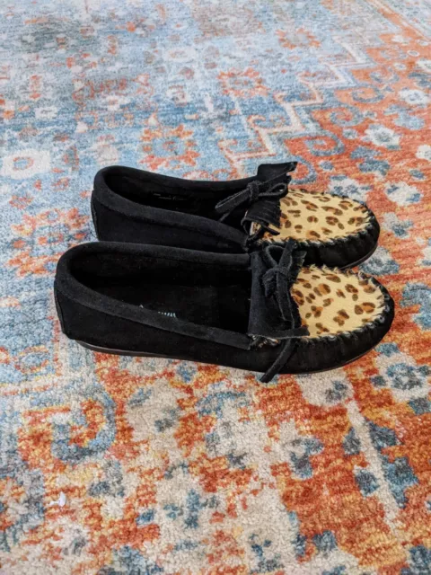 Minnetonka Black Suede Leopard Calf Hair Kilty Hard Bottom Moccasins Women's 4