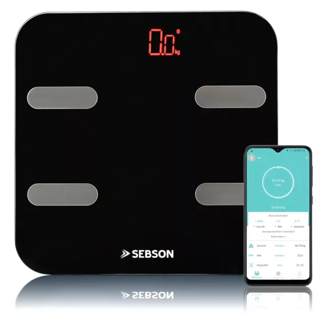 Personenwaage digital Bluetooth Körperfettwaage Glas Analysewaage App SEBSON