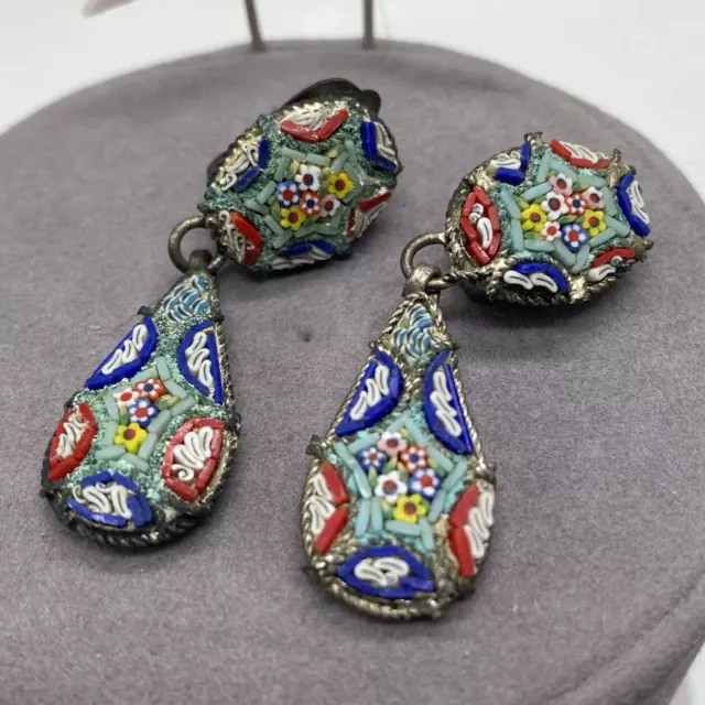 Vintage Micro Mosaic Drop Dangle Earrings Murano Flowers SIGNED RARE Art Deco