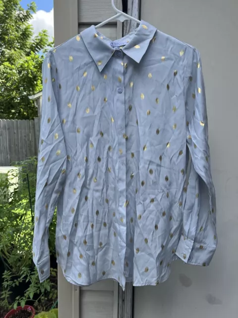 CZ Collection By Cezele Blouse Blue Gray Gold Polka Dots Medium Lightweight BIN6