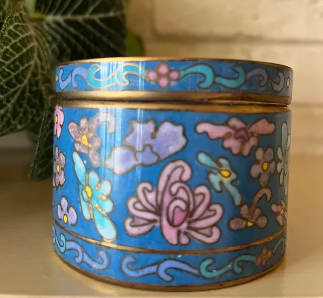Vintage Chinese Brass&Copper Blue Floral Cloisonne Lidded Cylindrical Box c1935