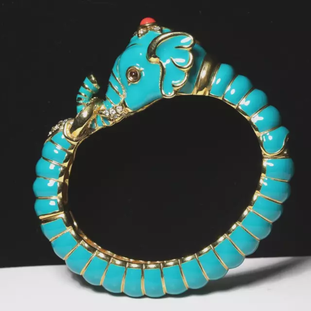 Kenneth Jay Lane Vintage Enamel Elephant Clamper Bracelet Swarovski Crystal- KJL