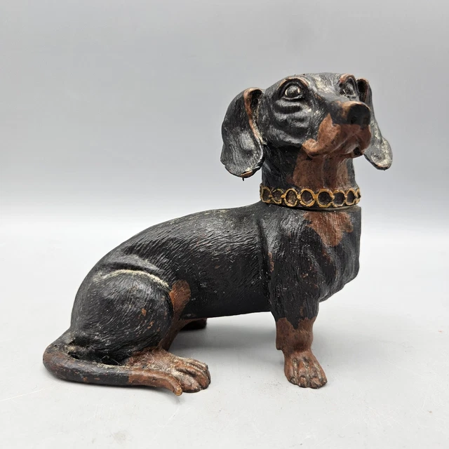 Austrian Cold Painted Bronze Dachshund Dog Inkwell Marked "Geschutzt"