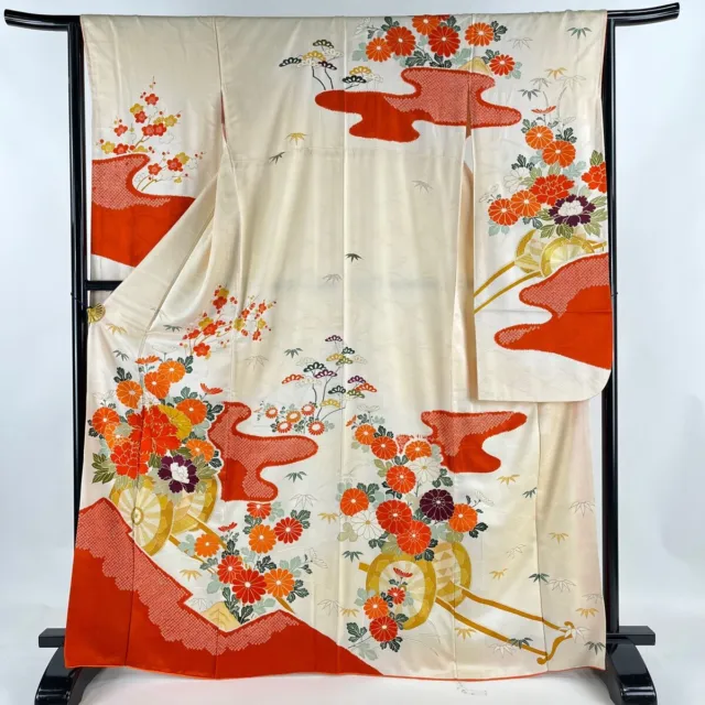 Japanese Silk Kimono Vintage Furisode Gold Gorgeous Cream Thread Flower 65in