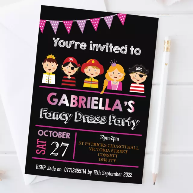 Personalised  Birthday Party Invitations Fancy Dress Girls Dress Up Invites x10