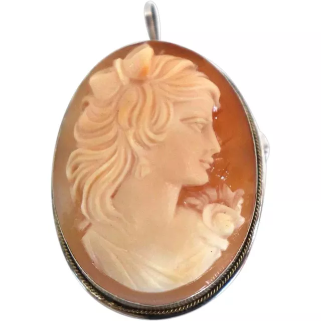 Vintage Italian Art Nouveau 800 Silver Cameo Shell Brooch / Necklace Pendant