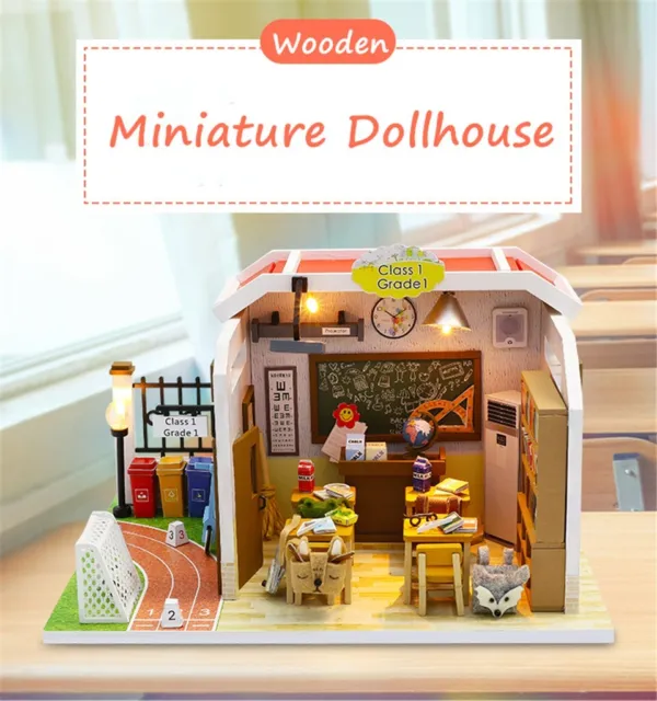 3D Wooden DIY Miniature Dollhouse Classroom Decorate Creative Toy Crafts Gifts