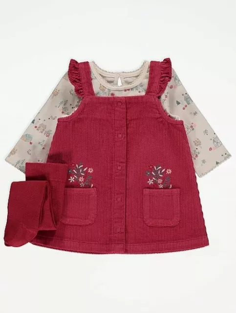 BNWT Baby Girls Red Embroidered Corduroy Pinafore Dress Top Tights Outfit 9-12