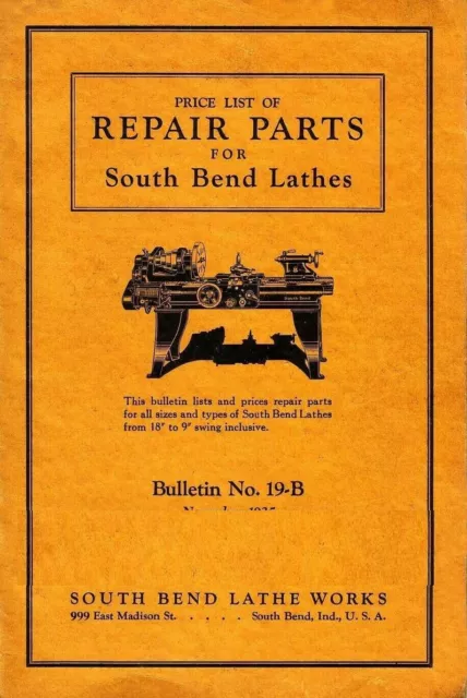 Lathe Price List of Repair Parts Manual Fits 1935 South Bend No. 19-B