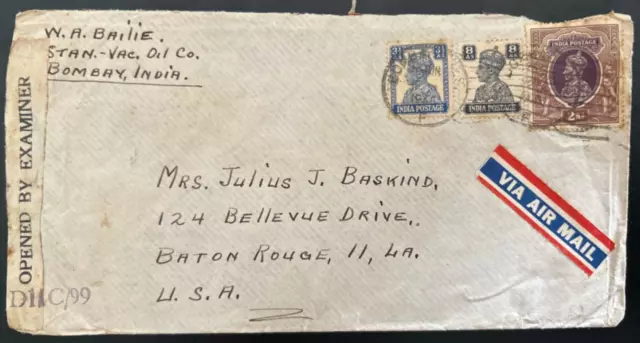 Bombay India Wwii Airmail Regd Censor Cover To Baton Rouge La Usa