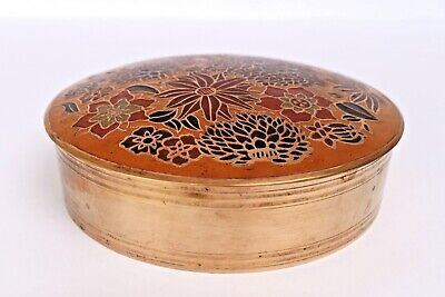 Copper Brass Trinket Box Enamel Engraved Colorful Floral Design Lid Jewelry Jar