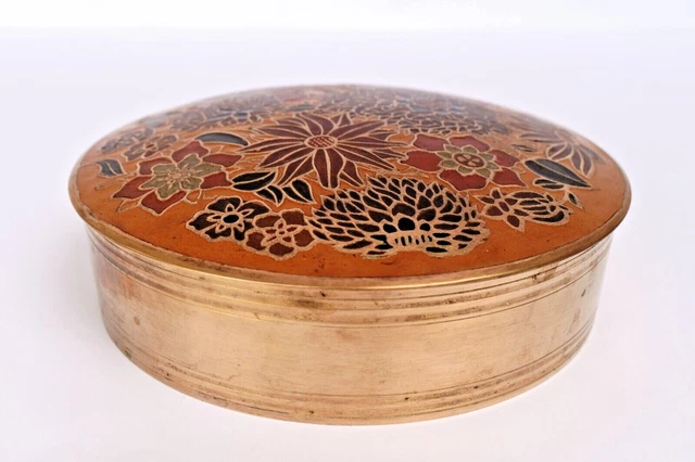 Cuivre Laiton Bibelot Boite Émail Gravé Coloré Motif Floral Couvercle Bijoux Pot