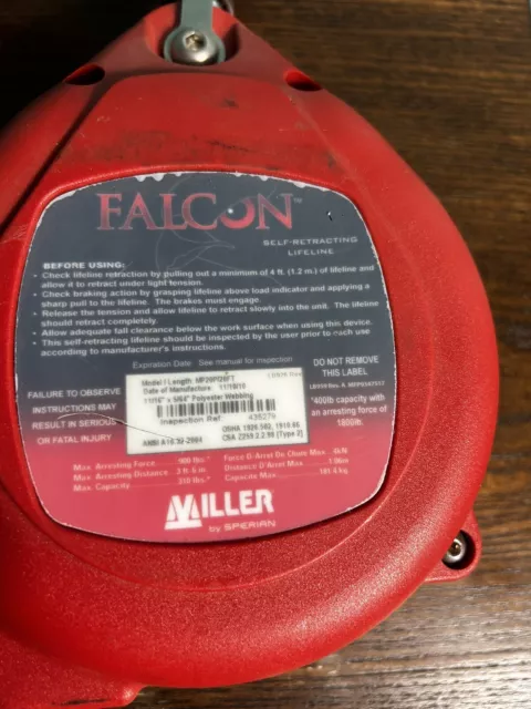 Miller Honeywell Falcon 20 Web Self-Retracting Lifeline MP20P-Z7/20FT 400Lb Plus 3