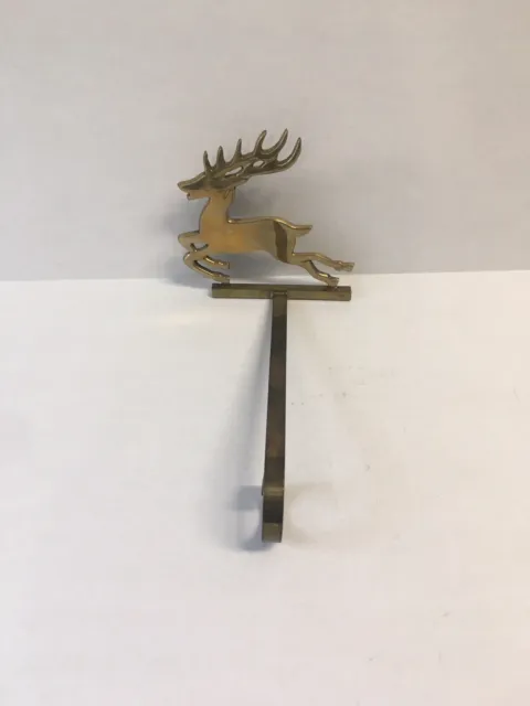 Vintage Solid Brass Deer Reindeer Running Mantle Stocking Holder Heavy long arm