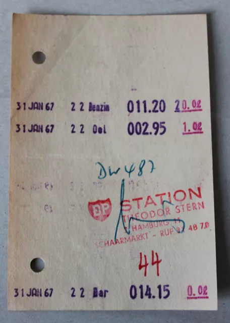Original BP Tankquittungen,Hamburg im Jahre 1967,BP Tankstelle T. Stern