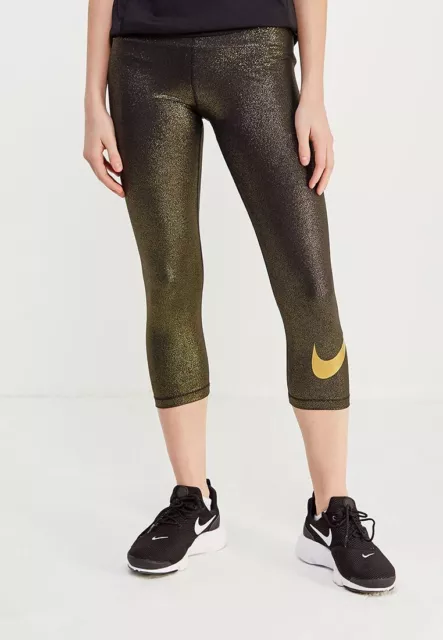 Nike donna Pro Training Capris piccole oro nero e metallizzato 864957 010 nuove con etichette