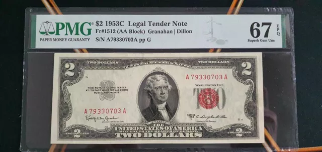 1953 C $2 DOLLARS US Legal Tender FEDERAL RESERVE NOTE VERY RARE PMG 67 EPQ GEM