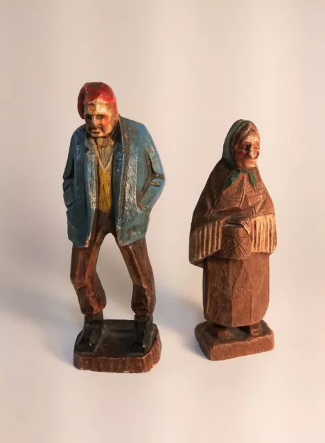 Pair of Wooden Folk Art Figurines Old Couple ,Hand Carved, Hand Painted