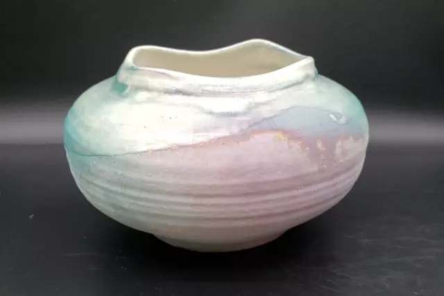 Tony Evans Studio Art Pottery Pastel Raku Vase Teal Pink Signed 268 Wavy 10x6" L