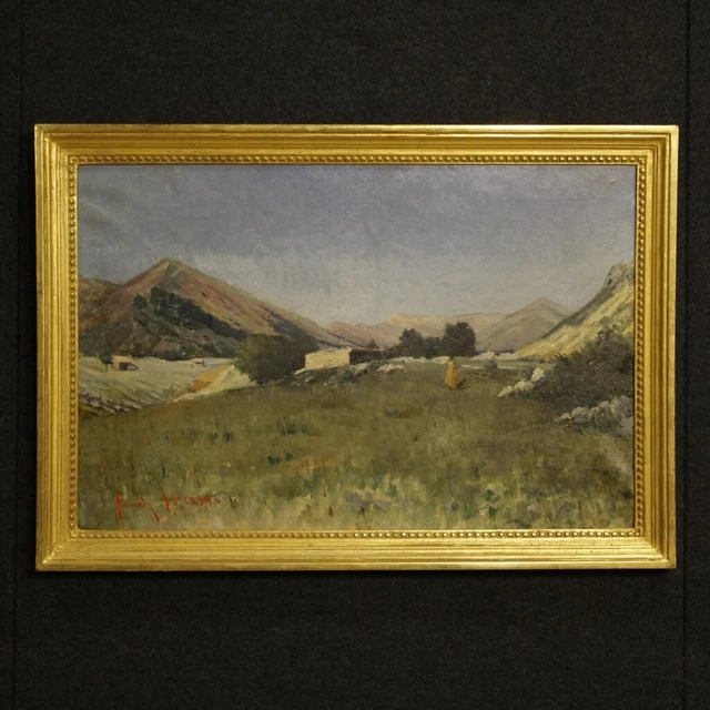 Ancien tableau signé peinture huile sur toile tableau paysage daté cadre 800