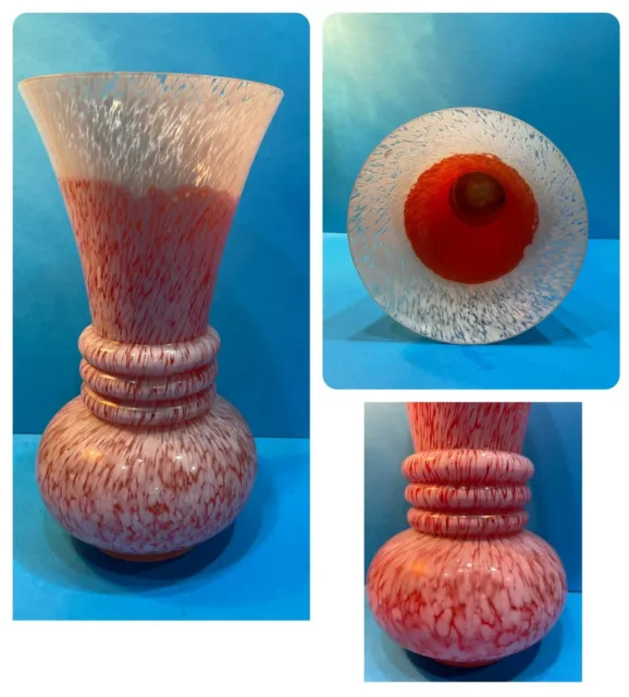 Hand Blown Murano Style Large Speckled Art Glass Vase 12” Tall Pink and White