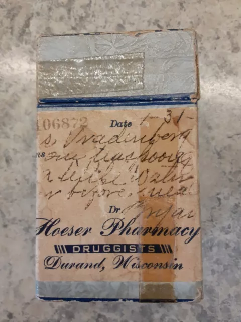 Vintage 1940 Prescription Medication Box from Hoeser Pharmacy Durand WI
